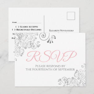 Cartão Postal RSVP de Casamento Rosa Simples Elegante Silver Fri