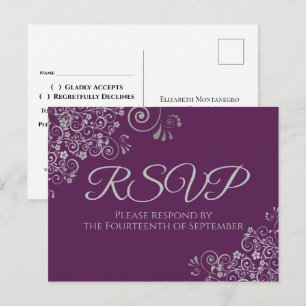 Cartão Postal RSVP de Casamento Roxo de ameixas de Prata Elegant