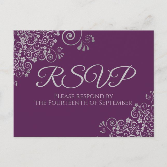 Cartão Postal RSVP de Casamento Roxo de ameixas de Prata Elegant (Frente)