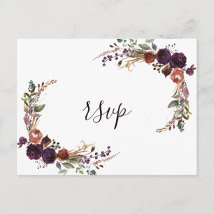 Cartão Postal RSVP de Casamento Roxo Dourado Elegante Rosa