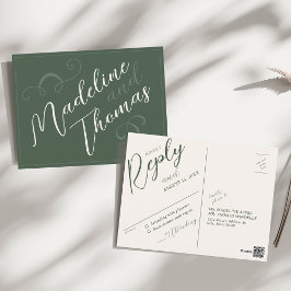 Cartão Postal RSVP de Casamento Verde do Elegante Script Simples