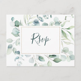 Cartão Postal RSVP de casamento verde dourado etéreo de eucalipt