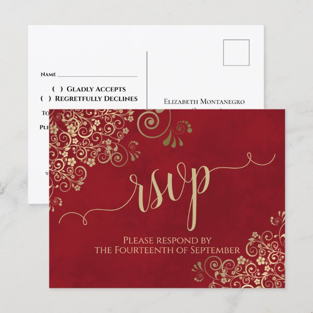 Cartão Postal RSVP de Casamento Vermelho Elegante da Calliografi (Frente/Verso)