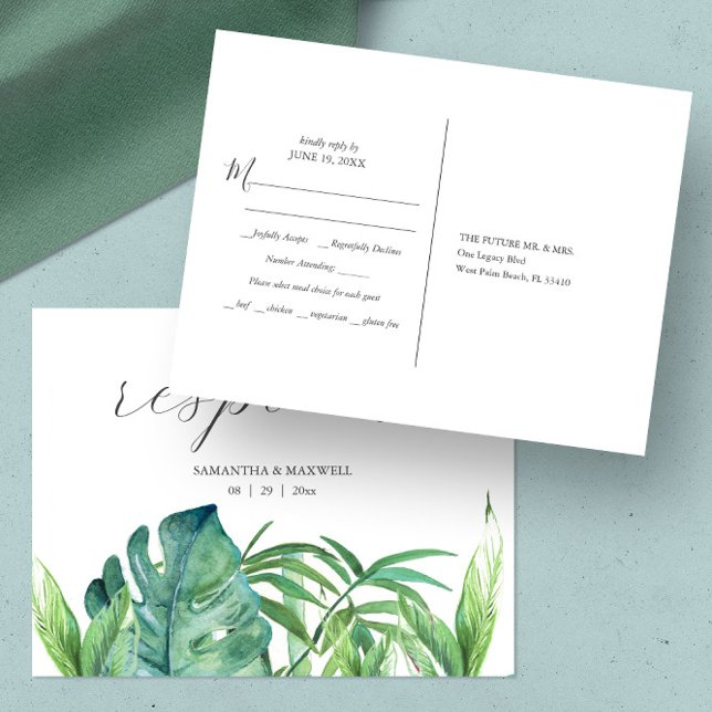 Cartão Postal RSVP de Escolha de Refeição de Casamento de Palma  (rsvp postcard features tropical monstera and palm leaves watercolor art by Victoria Grigaliunas)