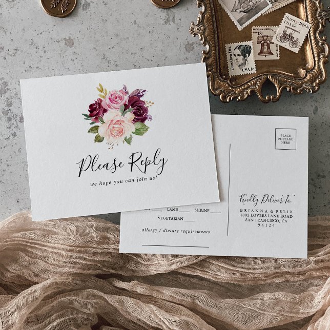 Cartão postal RSVP de Escolha do Menu Botânico Flo (Criador carregado)