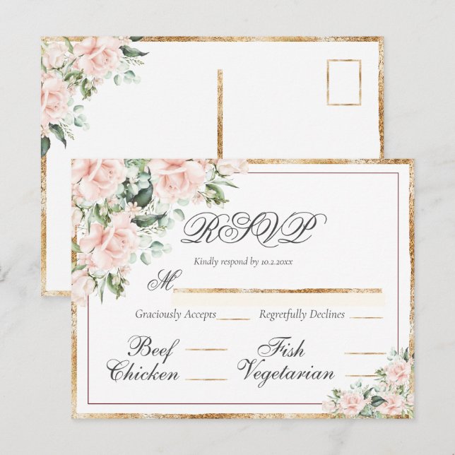 Cartão Postal RSVP Elegante Dourado de Aquarela Floral rosa (Frente/Verso)
