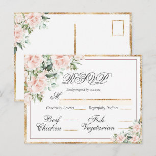 Cartão Postal RSVP Elegante Dourado de Aquarela Floral rosa