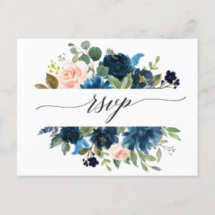 Cartão Postal RSVP Floral Azul Blush de Marinho de Aquarela Româ