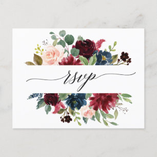 Cartão Postal RSVP Floral Romântico de Blush Vermelho Burgundy