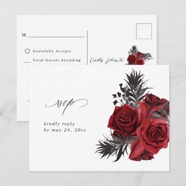 Cartão Postal RSVP Floral Vermelha & Preto sem Refeição (Frente/Verso)