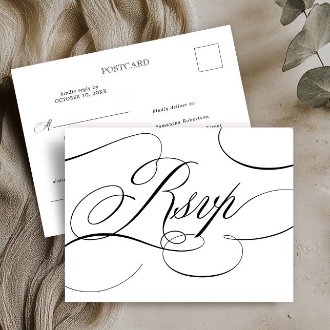 Cartão Postal RSVP preto e branco do eterno de caligrafia modern (Modern calligraphy timeless black and white RSVP Postcard)