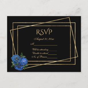 Cartão Postal RSVP Preto e Dourado com Rosas de Grelha Azul Real