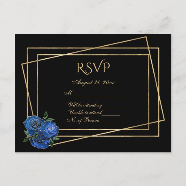Cartão Postal RSVP Preto e Dourado com Rosas de Grelha Azul Real (Frente)