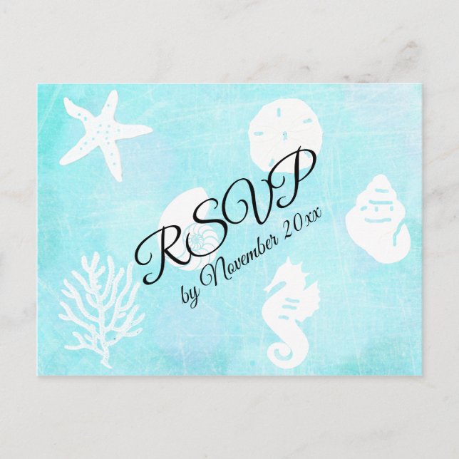 Cartão Postal RSVP Seaside Seashell Themed Weding (Frente)