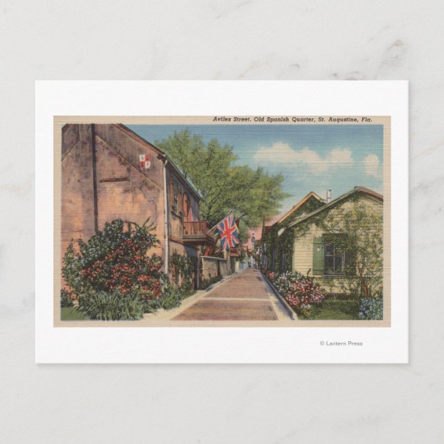 Cartão Postal Rua. Augustine, FL - Aviles Rua em espanhol Antigo (Frente)