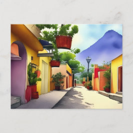 Cartão Postal Rua Colorida da Aldeia Mexicana Cenário Aquarela