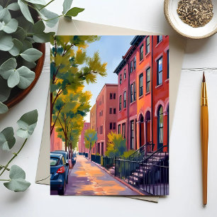 Cartão Postal Rua da Cidade de Brownstone   Aquarela de Tijolo d