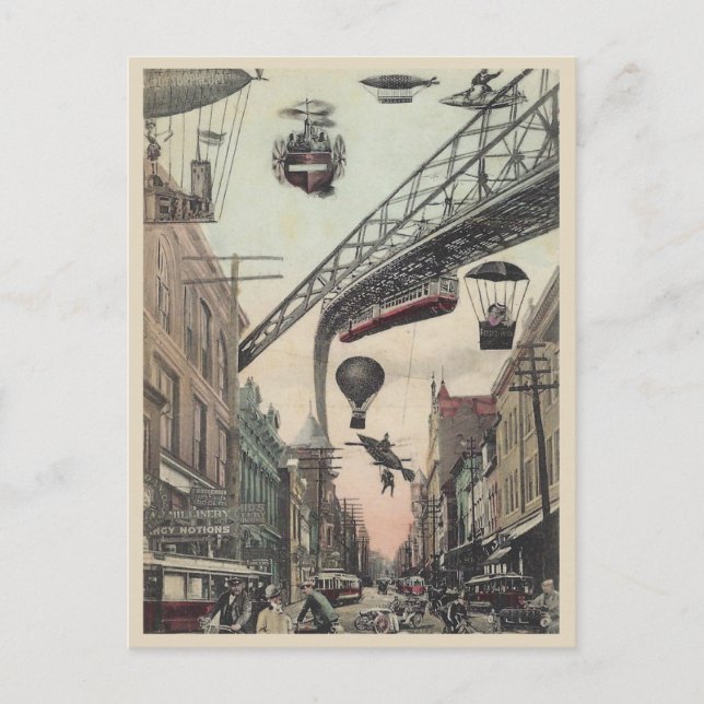 Cartão Postal Rua da Cidade Futurista Vintage com Veículos Voado (Frente)
