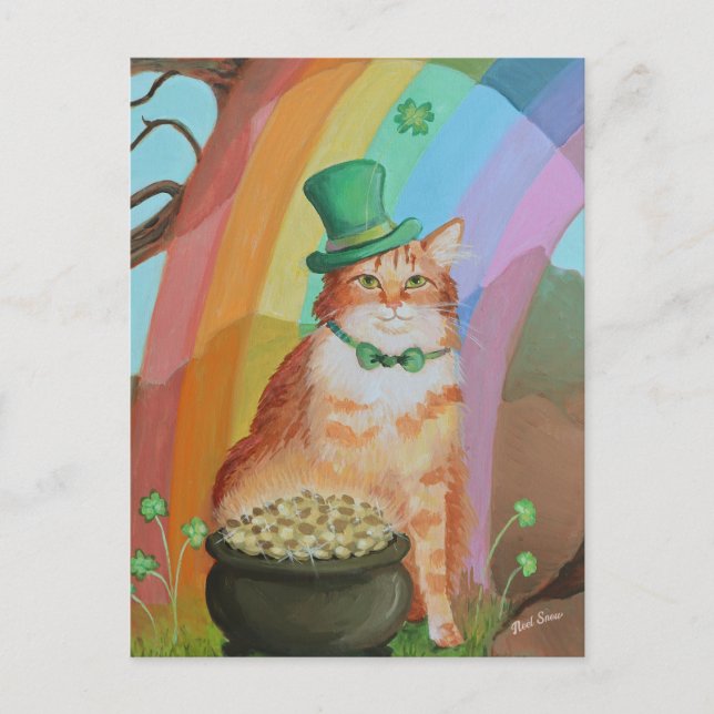 Cartão Postal Rua de Leprechaun. Gato de Tabby do Dia de Patrick (Frente)