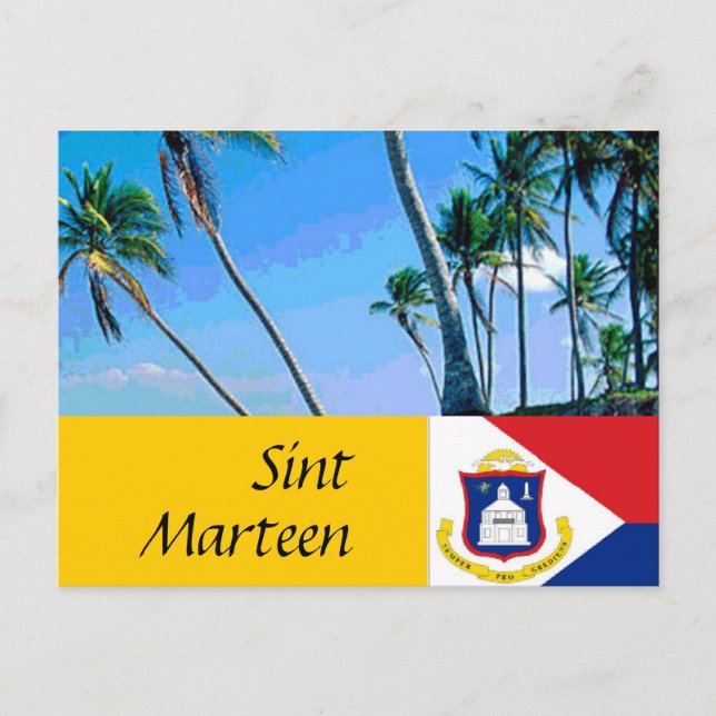 Cartão Postal Rua de Sint Marten Bandeira Martin e palmeiras (Frente)