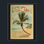 Cartão Postal Rua John Palm Tree Viagens vintage<br><div class="desc">Uma Rua moderna do século médio exclusiva,  a impressão de arte John Virgin Islands,  no estilo viagens vintage poster. Ele apresenta uma palmeira curva na praia arenosa com oceano sob um céu azul nublado.</div>