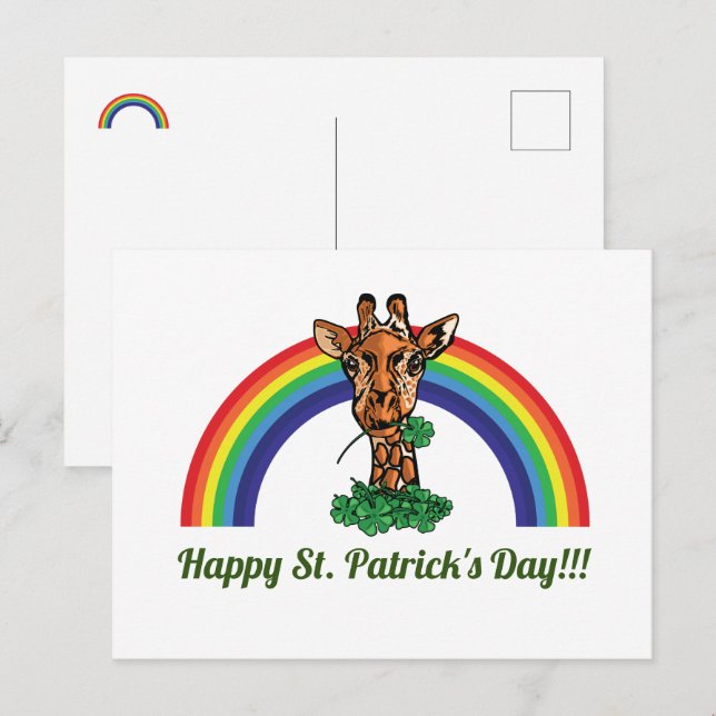 Cartão Postal Rua: Patricks Day Giraffe and Rainbow Postcard (Frente/Verso)