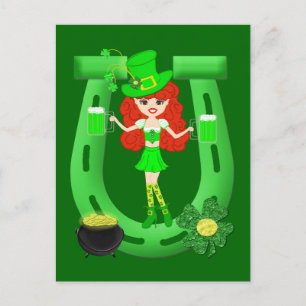 Cartão Postal Rua Pat's Day Redhead Girl Leprechaun