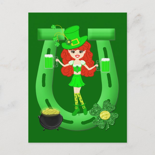 Cartão Postal Rua Pat's Day Redhead Girl Leprechaun (Frente)
