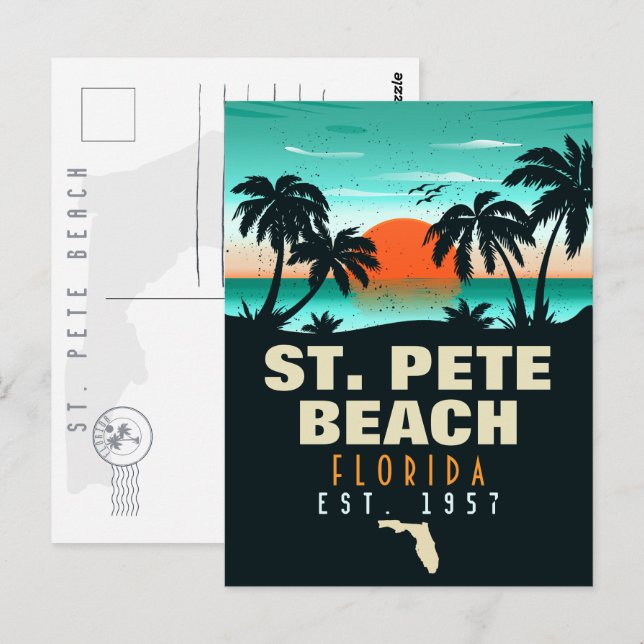 Cartão Postal Rua. Pete Beach, Retro Sunset Palm Tree 60s (Frente/Verso)