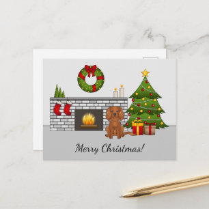 Cartão Postal Ruby Cavalier Dog Em Uma Sala De Natal E Texto