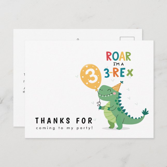 Cartão Postal Rugir Sou um 3-Rex Crianças Terceiro Aniversário O (Frente/Verso)
