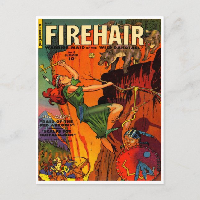 Cartão Postal Ruiva Guerreira Maid Lutando Lobos (Frente)