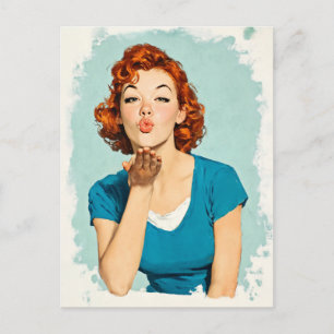 Cartão Postal Ruiva Retro Enviando Beijo Doce
