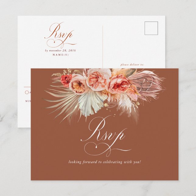 Cartão Postal Rust Terracotta Floral Pampas Grass Casamento RSVP (Frente/Verso)