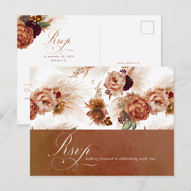 Cartão Postal Rust Terracotta Floral Pampas Grass Weding RSVP (Frente/Verso)