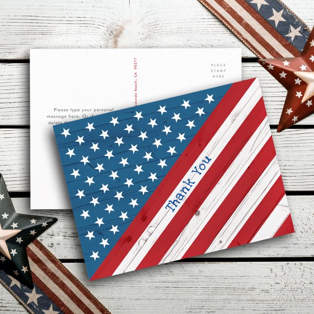 Cartão Postal Rustic American Flag USA Stars & Stripes Obrigado (Criador carregado)