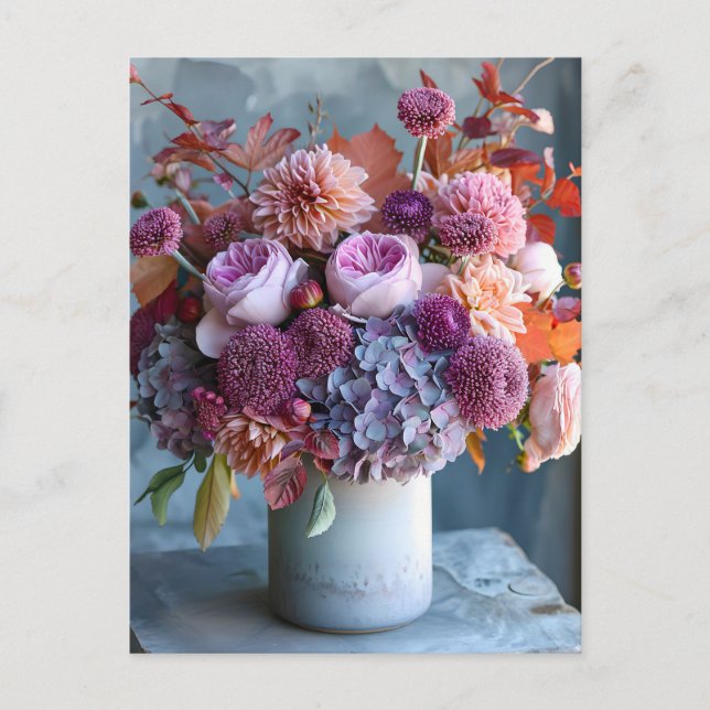 Cartão Postal Rustic Autumn Bouquet with Dahlias and Hydrangeas (Frente)