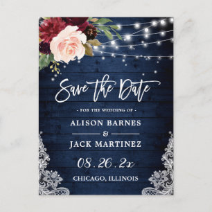 Cartão Postal Rustic Azul Vermelho Flores Rosadas Casamento Save