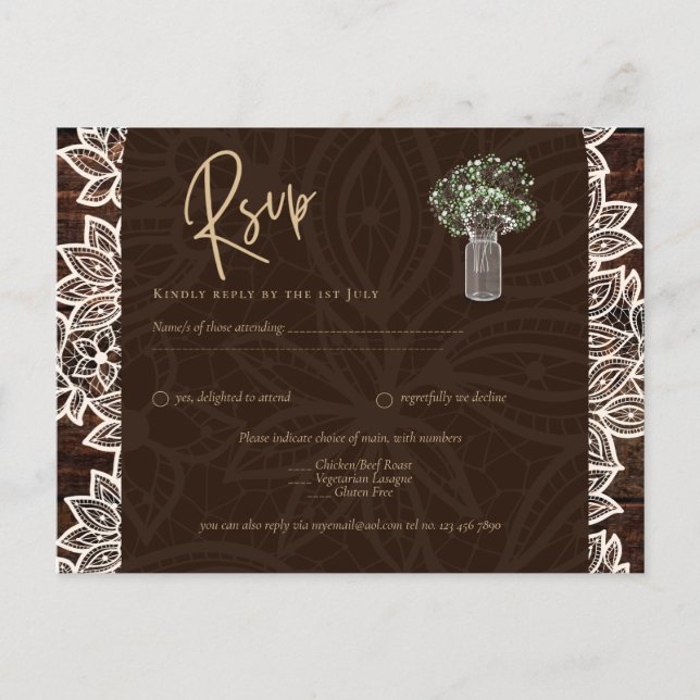 Cartão Postal Rustic Backyard Woodland Casamento Wood Lace RSVP (Frente)