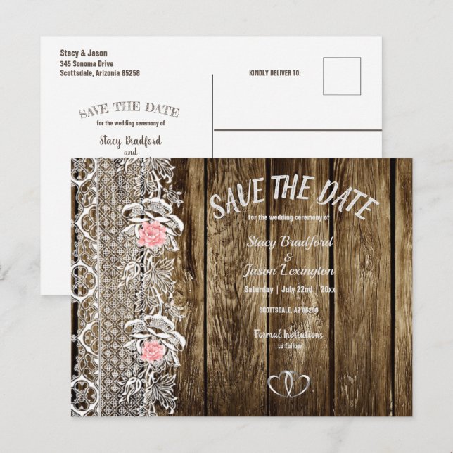 Cartão Postal Rustic barnwood & Lace Salvem A Data Casamento (Frente/Verso)