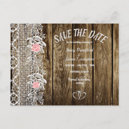 Cartão Postal Rustic barnwood & Lace Salvem A Data Casamento