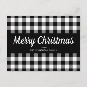 Cartão Postal Rustic Black White Gingham Chega Feliz Natal