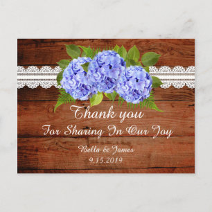 Cartão Postal Rustic Blue Hydrangea Casamento Obrigado Cartão-po