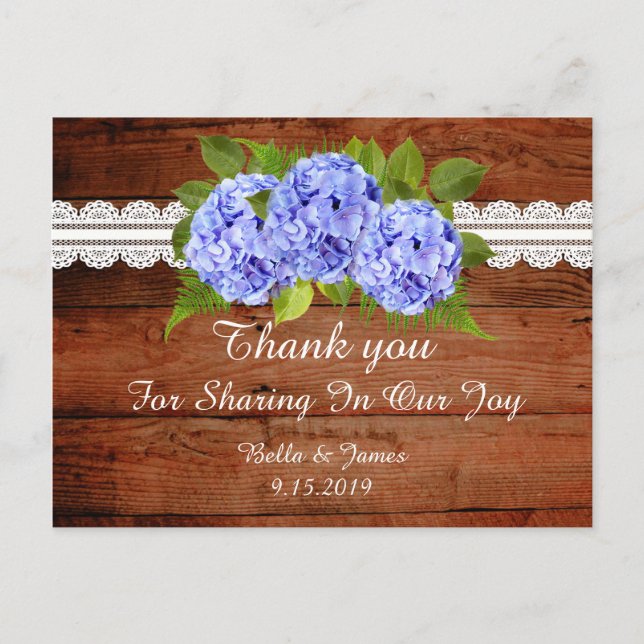 Cartão Postal Rustic Blue Hydrangea Casamento Obrigado Cartão-po (Frente)