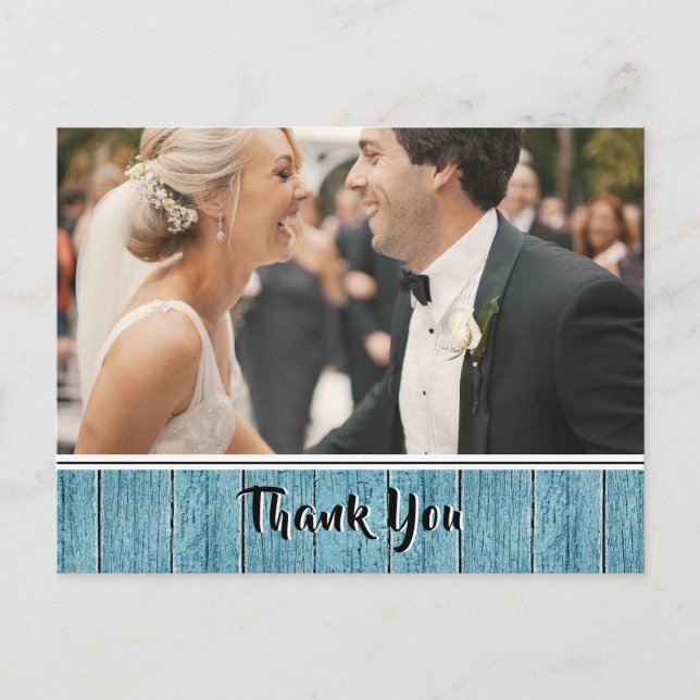 Cartão Postal Rustic Blue Shiplap Border Foto De Casamento Obrig (Frente)