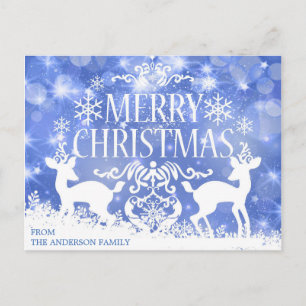 Cartão Postal Rustic Blue White Christmas Reindee Snow Winter