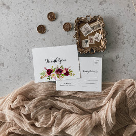 Cartão Postal Rustic Blush Burgundy Floral Caligrafia Obrigado