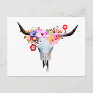 Cartão Postal Rustic Boho Floral Longhorn Skull