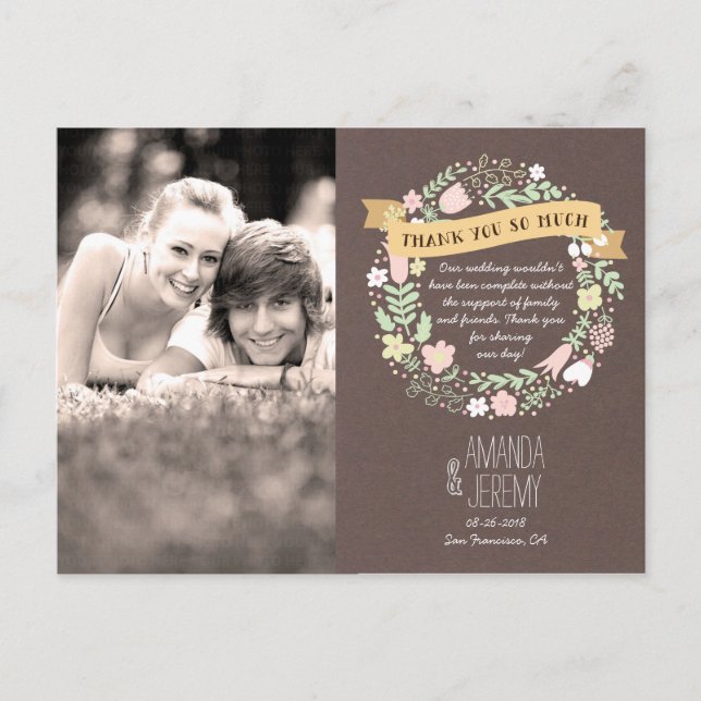 Cartão Postal Rustic Boho Pastel Flower Wreath Obrigado (Frente)