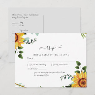 Cartão Postal Rustic BOHO Sunflower Greenery Casamento RSVP